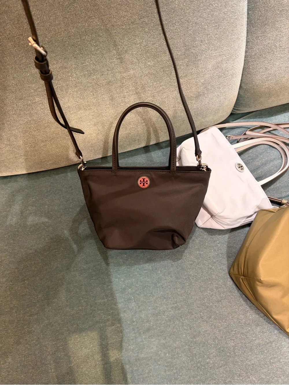 Tory Burch nylon printed mini tote with shoulder strap pattern color light blue